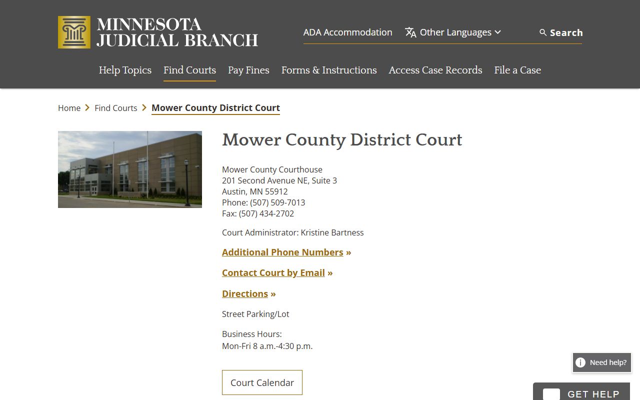 Mower County District Court official contact page