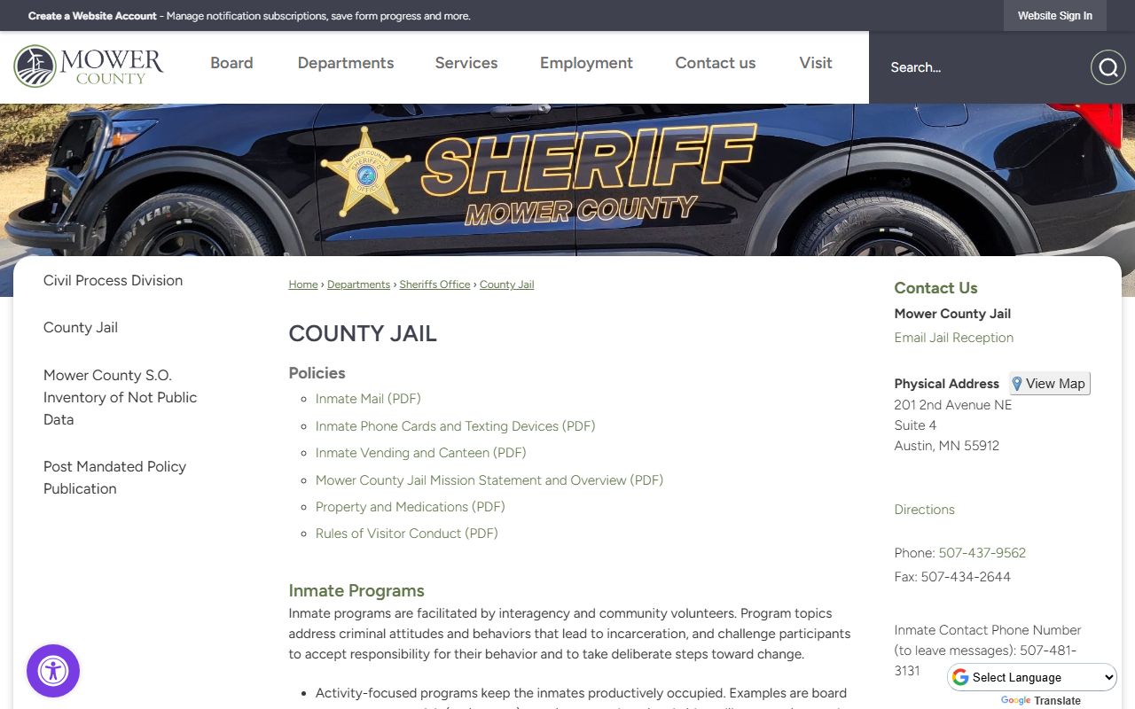 Mower County jail page with inmate population roster link